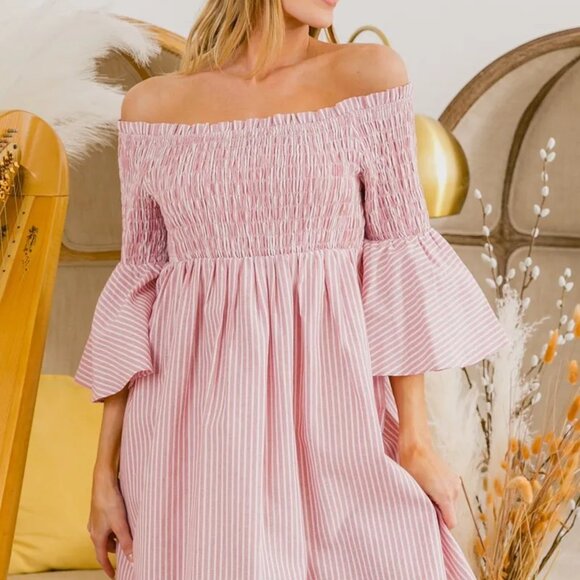 BiBi Smocked Off Shoulder Striped Dress - Picture 3 of 7